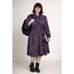 Vintage‎ A Line Dress Multicolor Floral Womens 14R Belted Long Sleeve Geek 90s